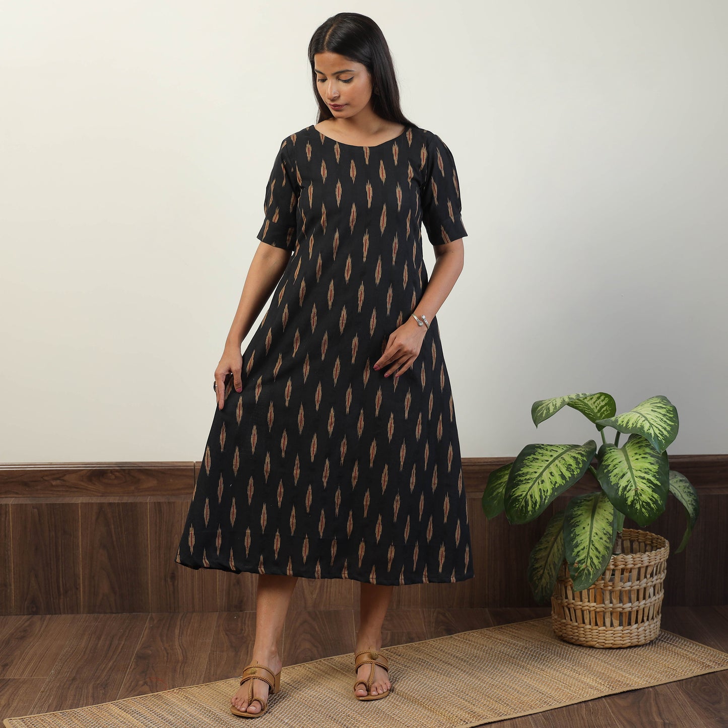 Black - Pochampally Ikat Weave Cotton Dress 01