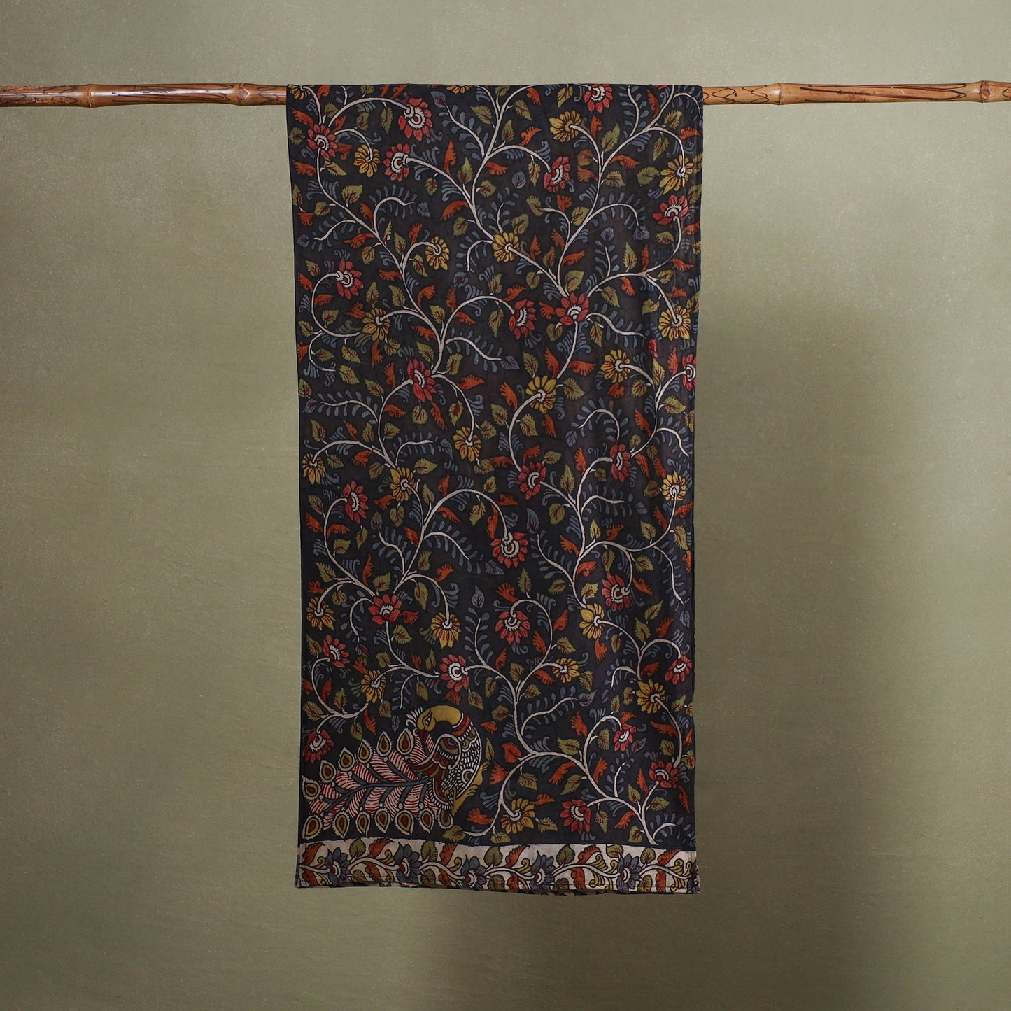 Black Handpainted Cotton Kalamkari Stole