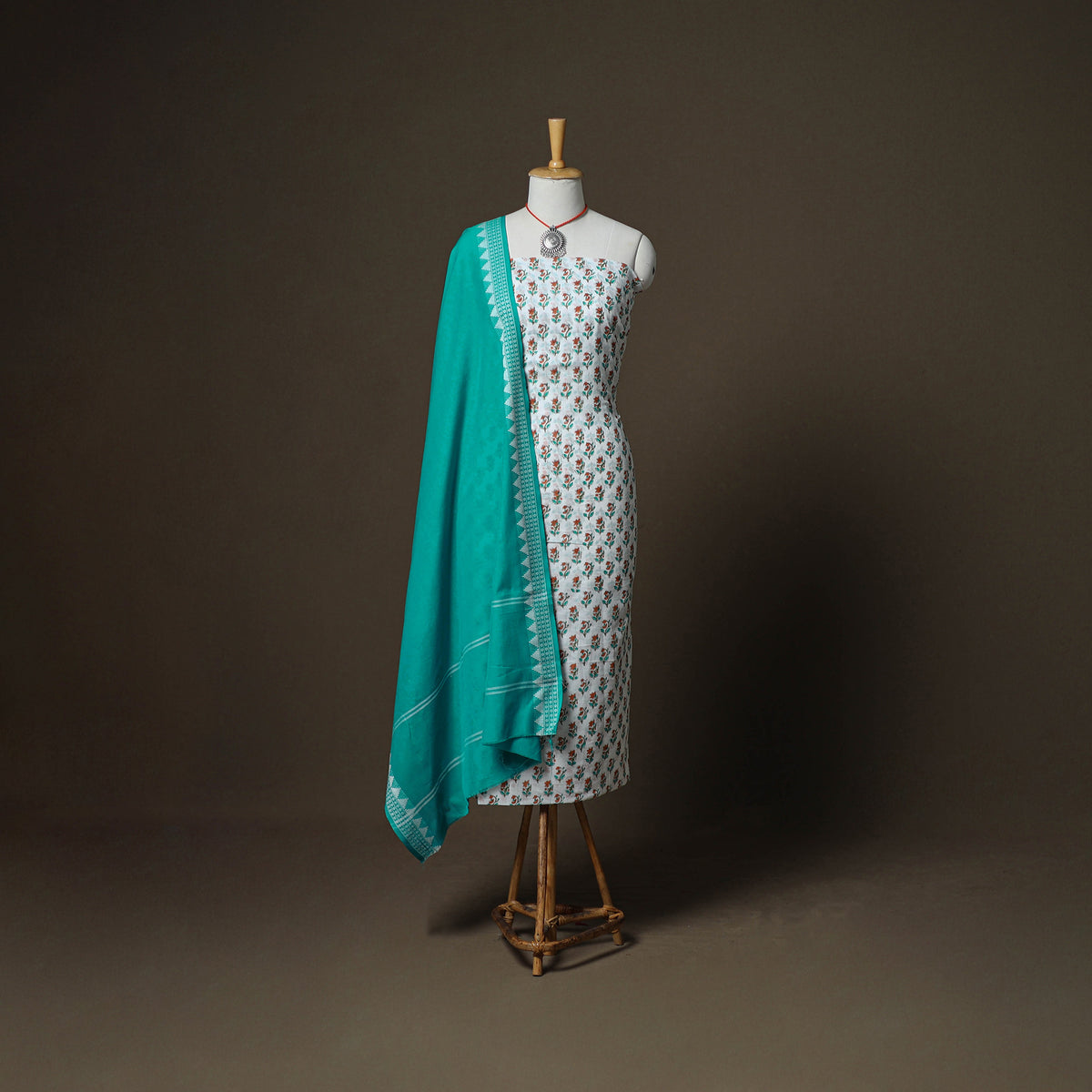 Sanganeri Block Print Cotton Unstitched Dress Material: Kurta, Bottom & Dupatta with Jewellery 57