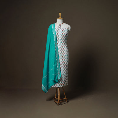 Sanganeri Block Print Cotton Unstitched Dress Material: Kurta, Bottom & Dupatta with Jewellery 57