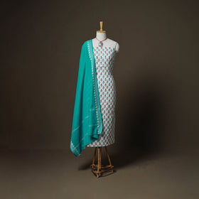 Sanganeri Block Print Cotton Unstitched Dress Material: Kurta, Bottom & Dupatta with Jewellery 57