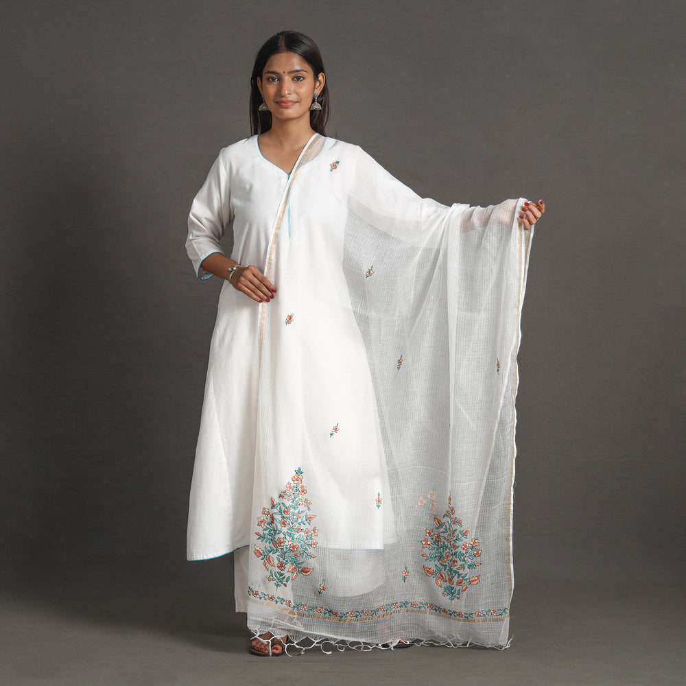 White - Kota Doria Silk Cotton Kashida Embroidery Dupatta 37