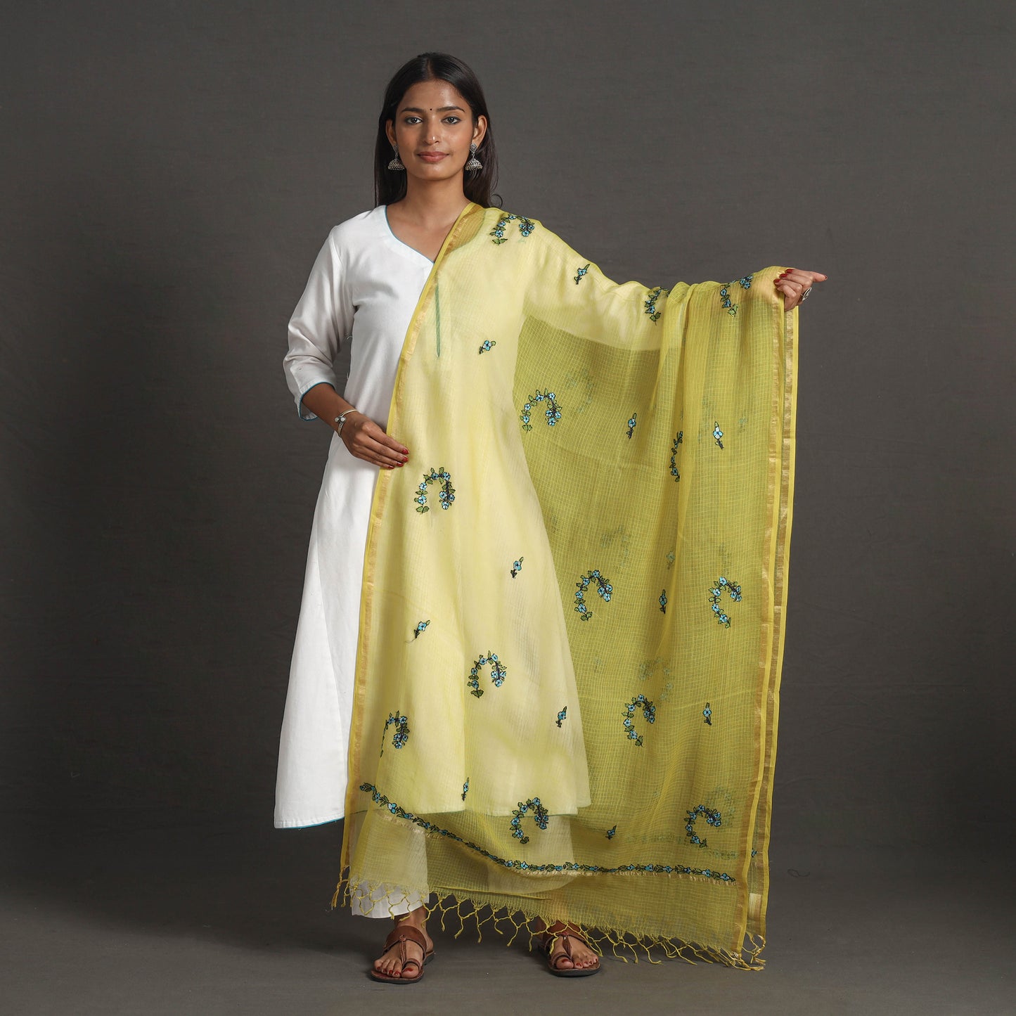 Yellow - Kota Doria Silk Cotton Kashida Embroidery Dupatta 38