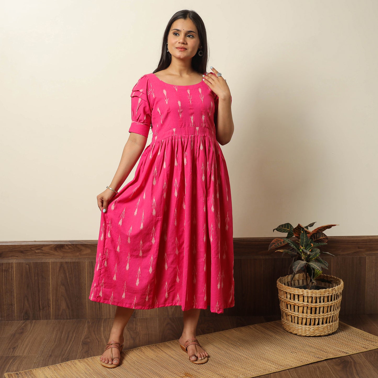 Pink - Pochampally Ikat Weave Cotton Flared Dress 17