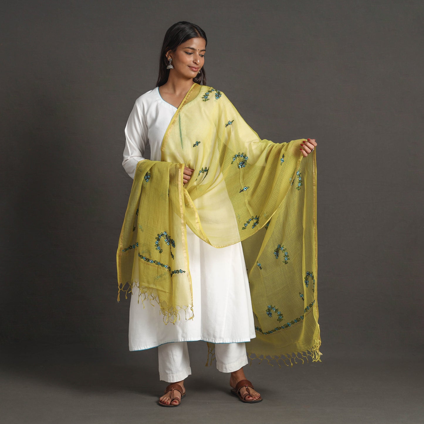 Yellow - Kota Doria Silk Cotton Kashida Embroidery Dupatta 38