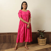 Pink - Pochampally Ikat Weave Cotton Flared Dress 17