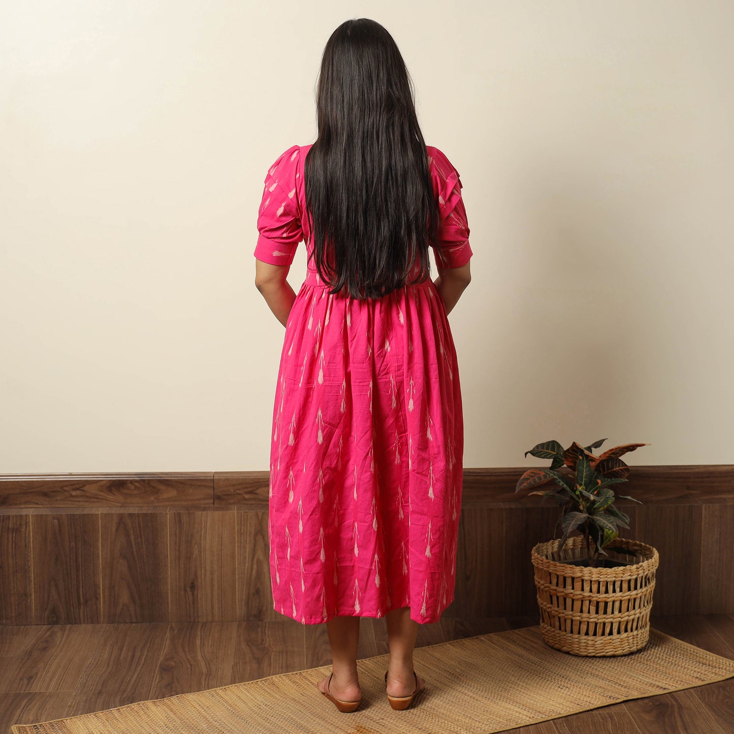 Pink - Pochampally Ikat Weave Cotton Flared Dress 17