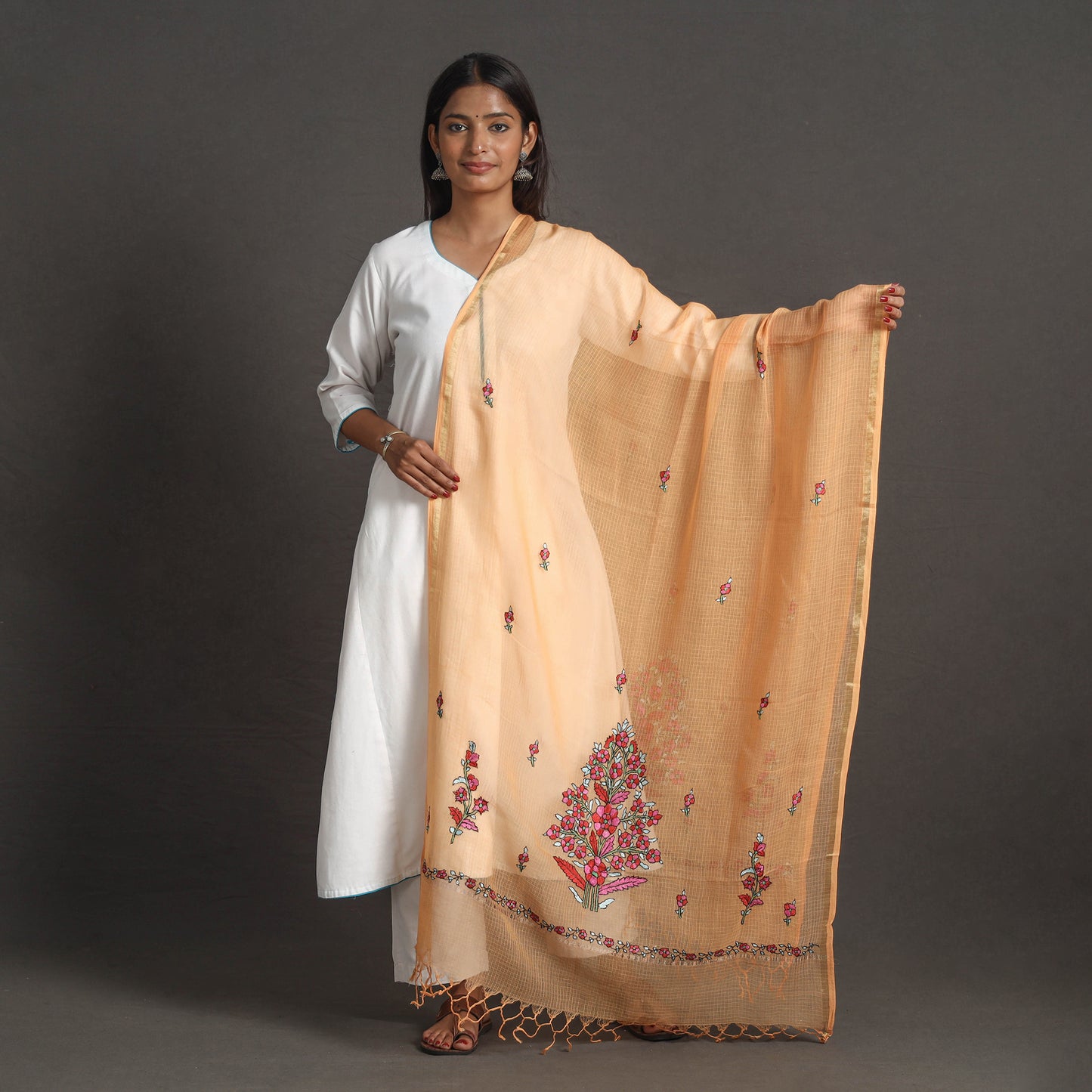 Orange - Kota Doria Silk Cotton Kashida Embroidery Dupatta 40