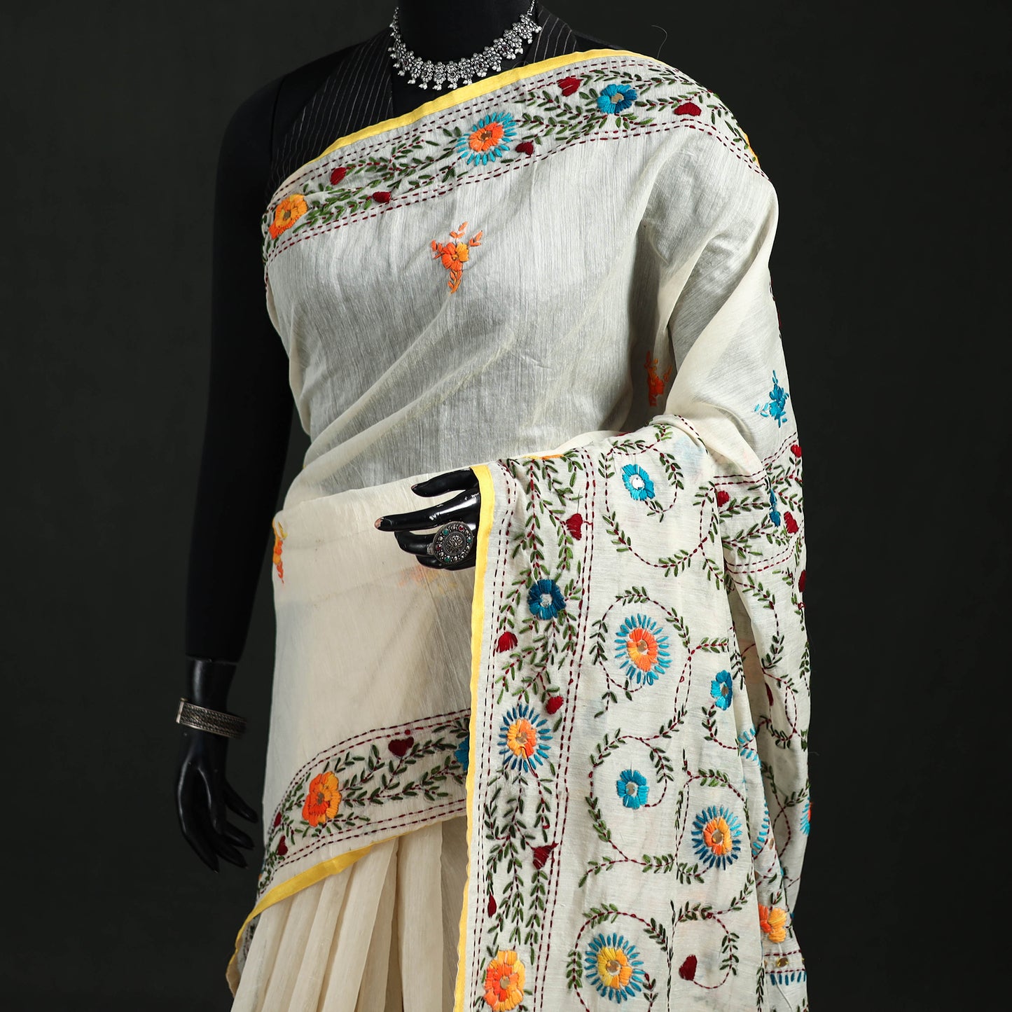 Hand Embroidered Chapa Work Silk Cotton Saree 34