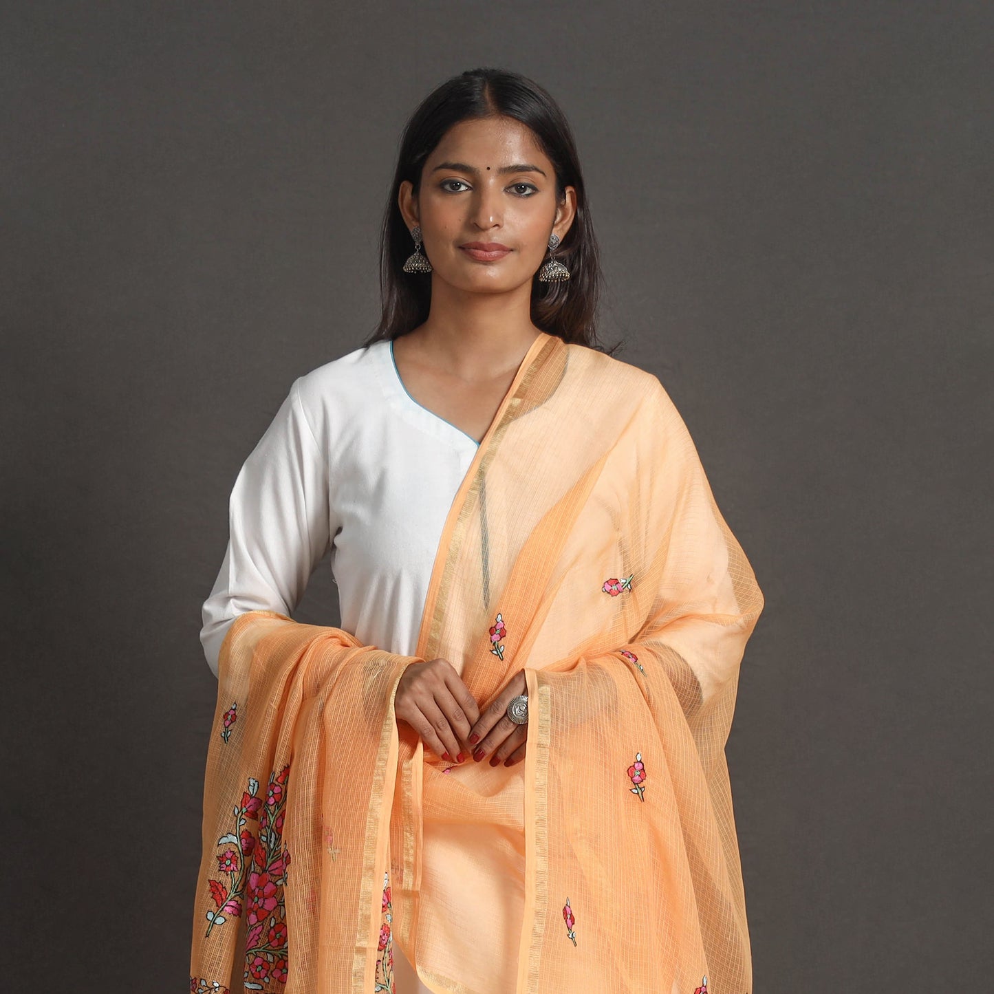 Orange - Kota Doria Silk Cotton Kashida Embroidery Dupatta 40