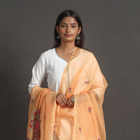 Orange - Kota Doria Silk Cotton Kashida Embroidery Dupatta 40