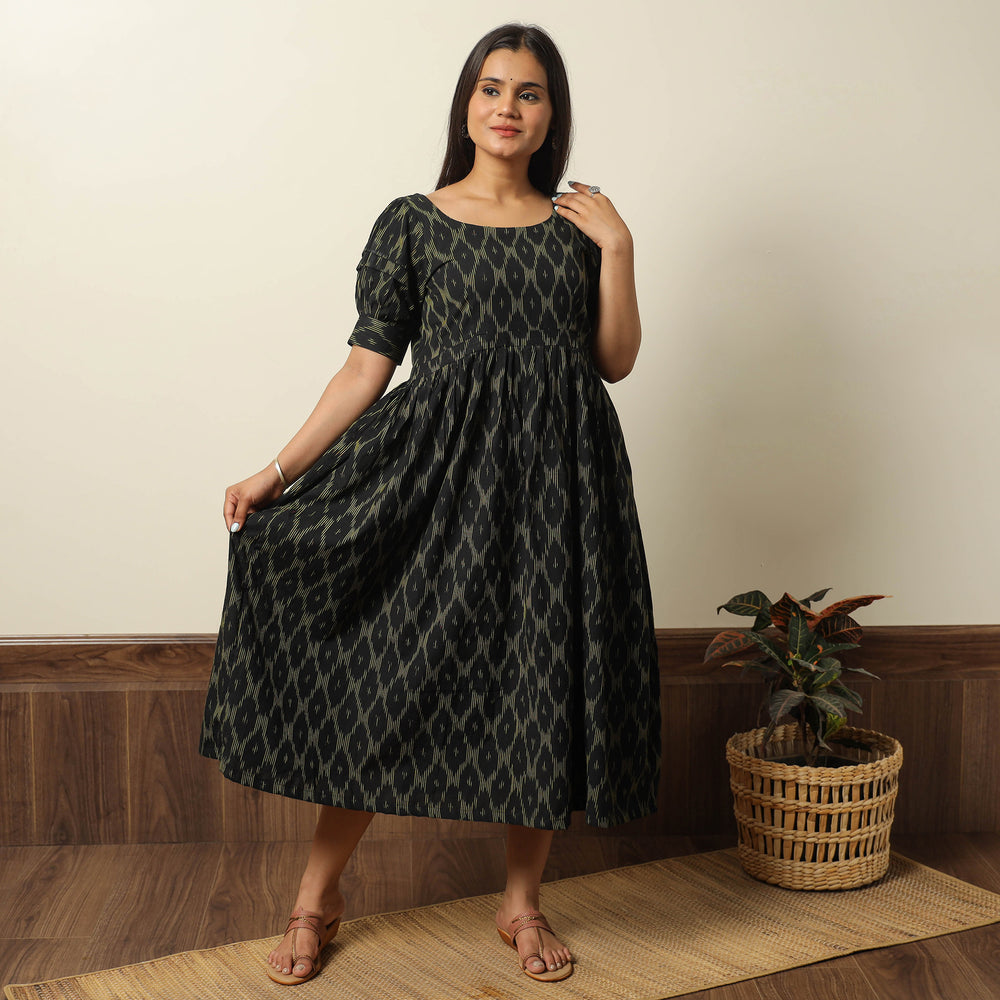 Black - Pochampally Ikat Weave Cotton Flared Dress 16