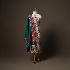 Sanganeri Block Print Cotton Unstitched Dress Material: Kurta, Bottom & Dupatta with Jewellery 59