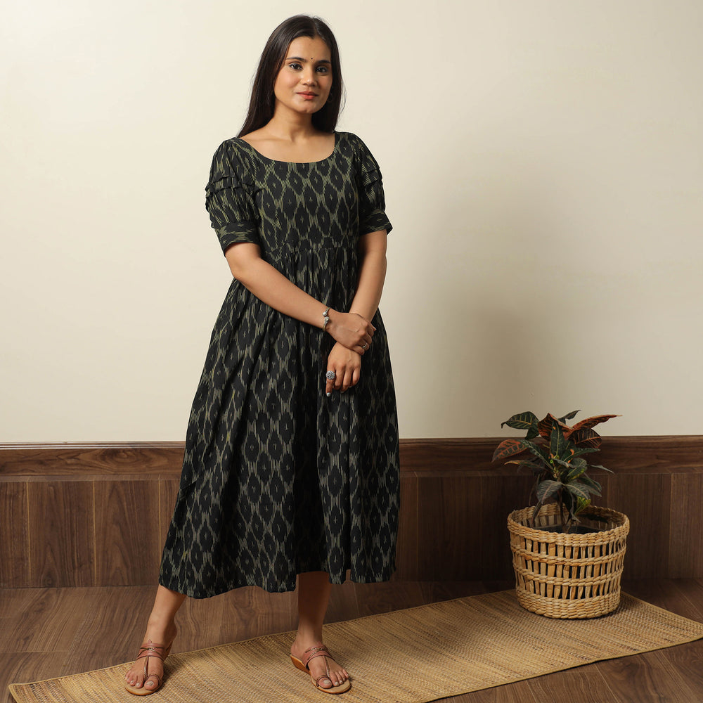 Black - Pochampally Ikat Weave Cotton Flared Dress 16