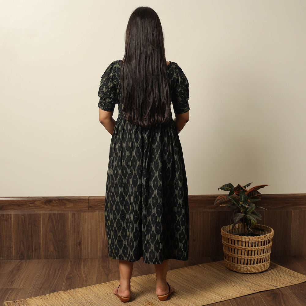 Black - Pochampally Ikat Weave Cotton Flared Dress 16