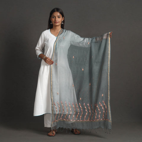 Grey - Kota Doria Silk Cotton Kashida Embroidery Dupatta 43