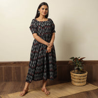 Black - Pochampally Ikat Weave Cotton Flared Dress 15