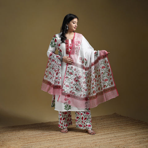 Pink - Sanganeri Hand Block Print Cotton Suit Set with Dupatta for women 03
