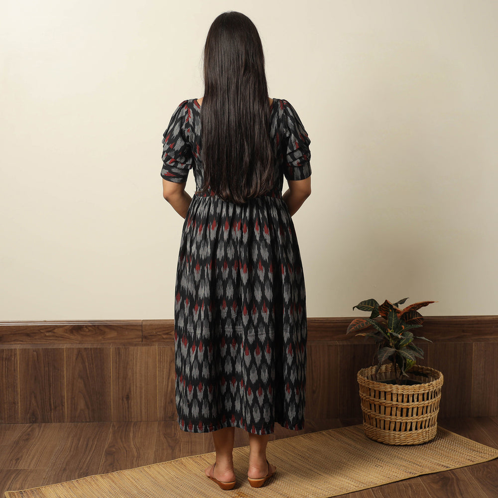 Black - Pochampally Ikat Weave Cotton Flared Dress 15