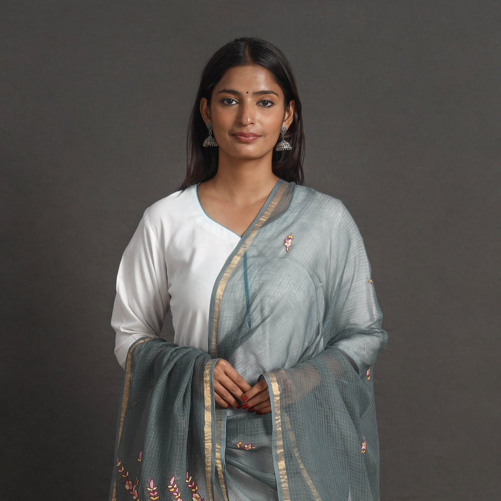 Grey - Kota Doria Silk Cotton Kashida Embroidery Dupatta 43