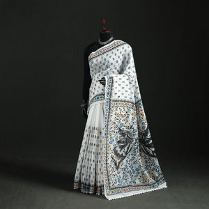 White - Hand Embroidered Chapa Work Silk Cotton Saree 36