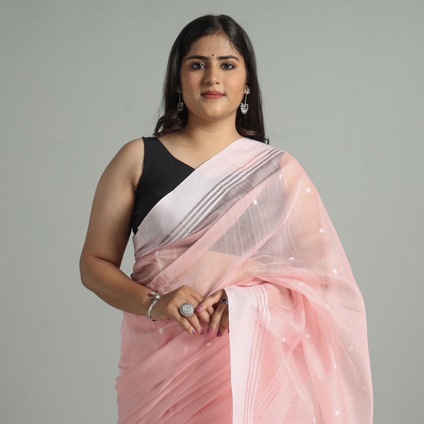 Pink - Traditional Chanderi Silk Cotton Handloom Buti Saree 01