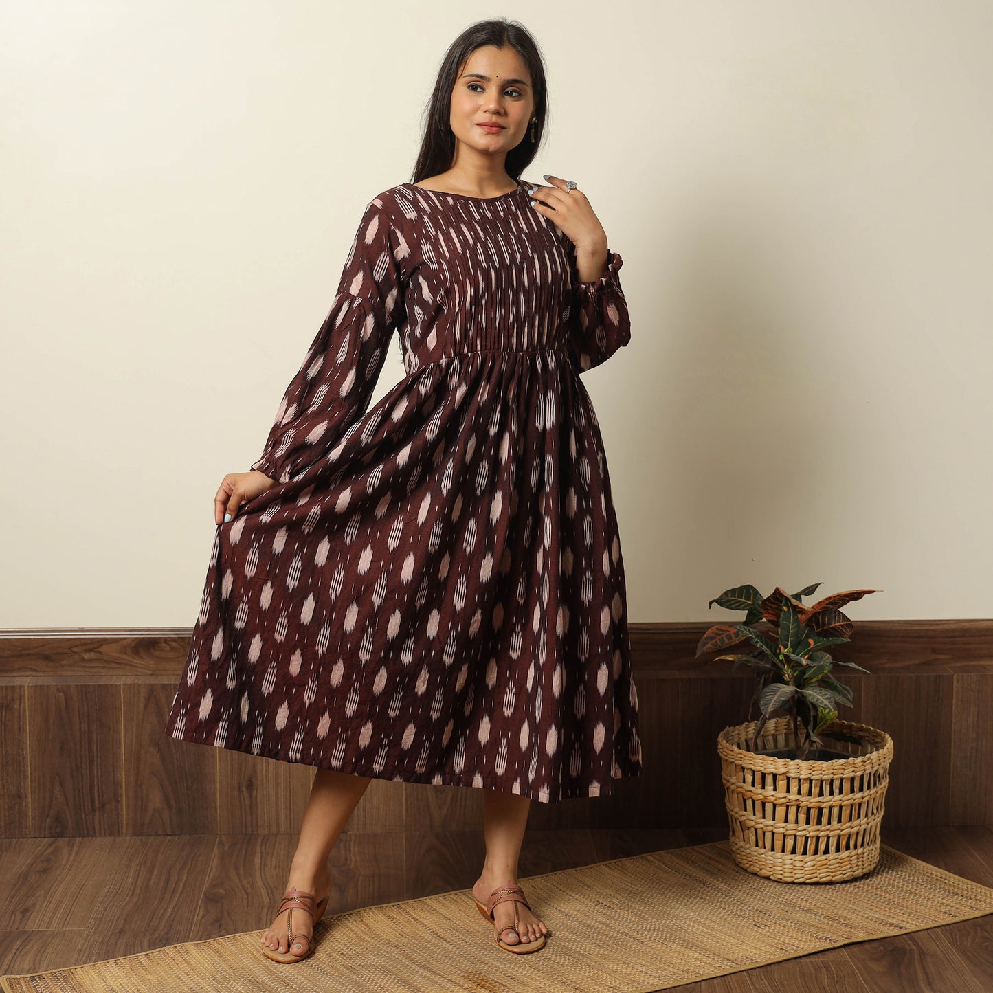 Maroon - Pochampally Ikat Weave Cotton Pintuck Flared Dress 01