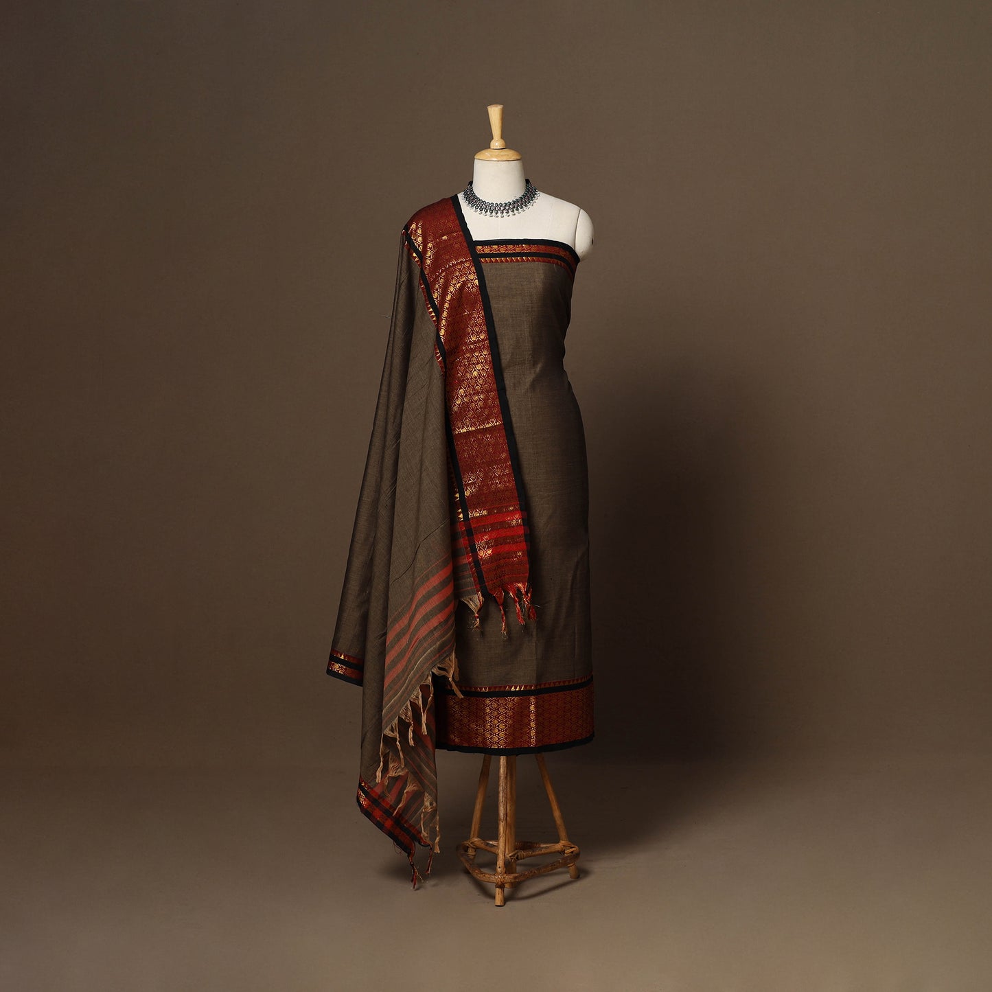 Brown - 3pc cotton unstitched dharwad dress material