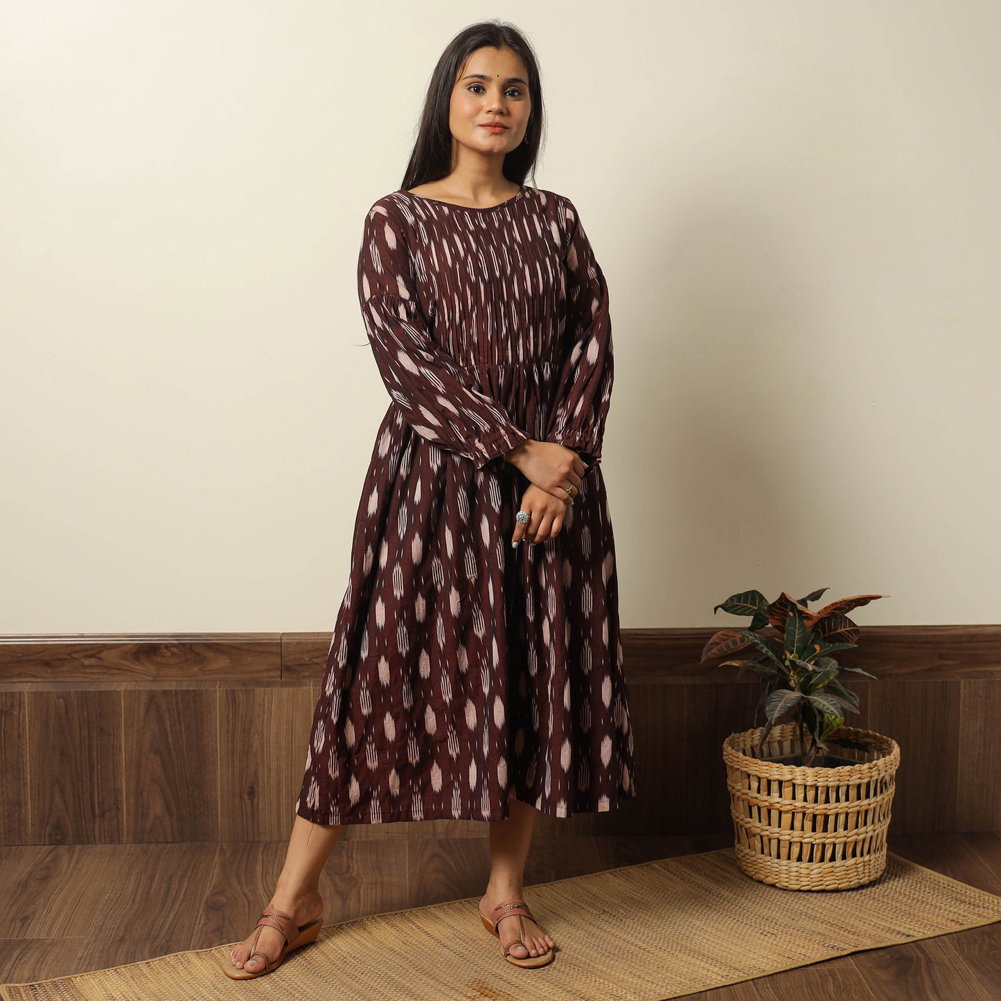 Maroon - Pochampally Ikat Weave Cotton Pintuck Flared Dress 01