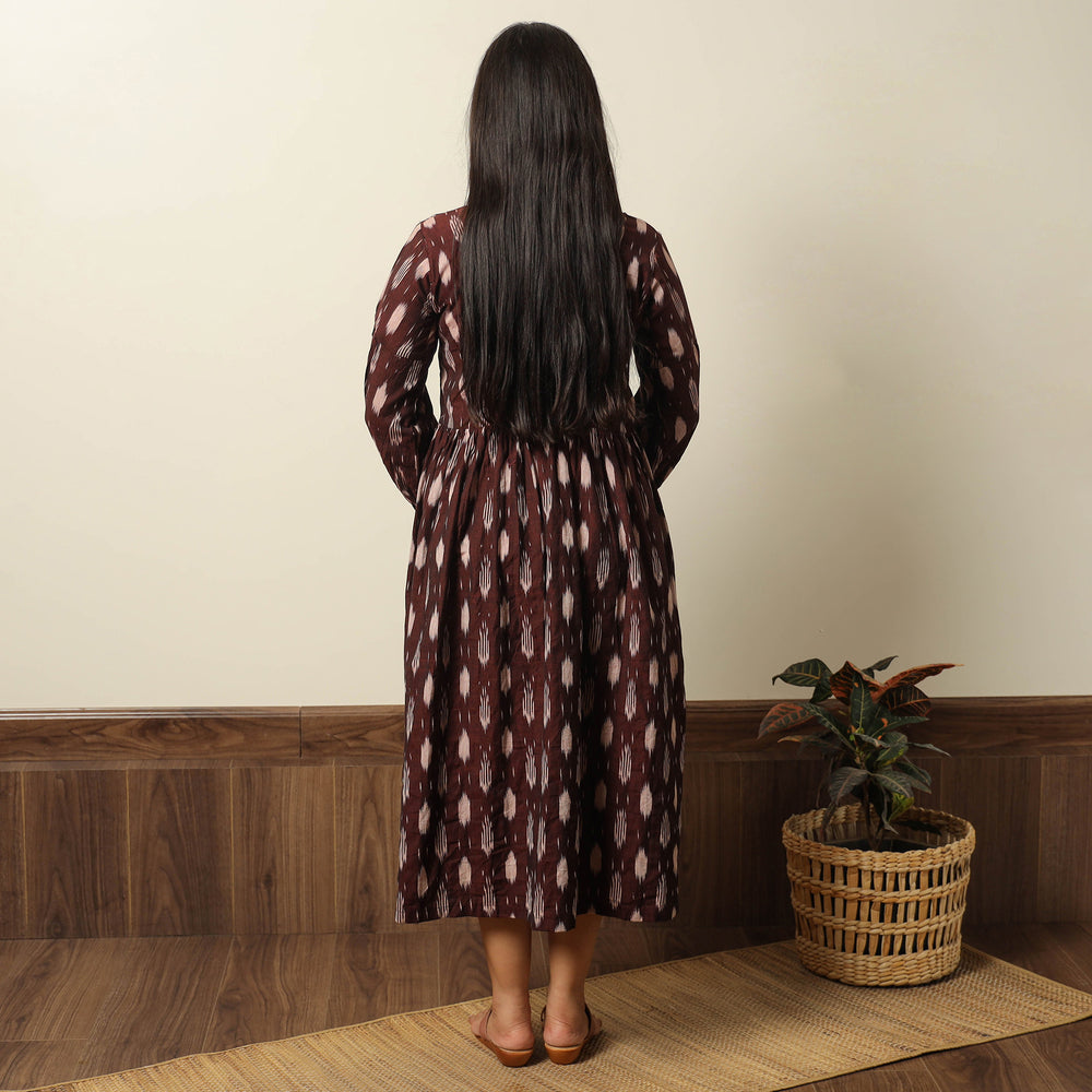 Maroon - Pochampally Ikat Weave Cotton Pintuck Flared Dress 01