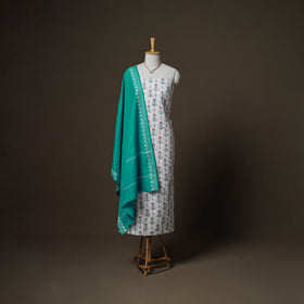 Sanganeri Block Print Cotton Unstitched Dress Material: Kurta, Bottom & Dupatta with Jewellery 61