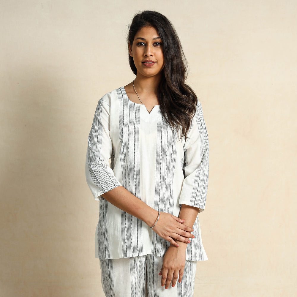 White Jacquard Cotton Top & Pyjama Night Suit Set