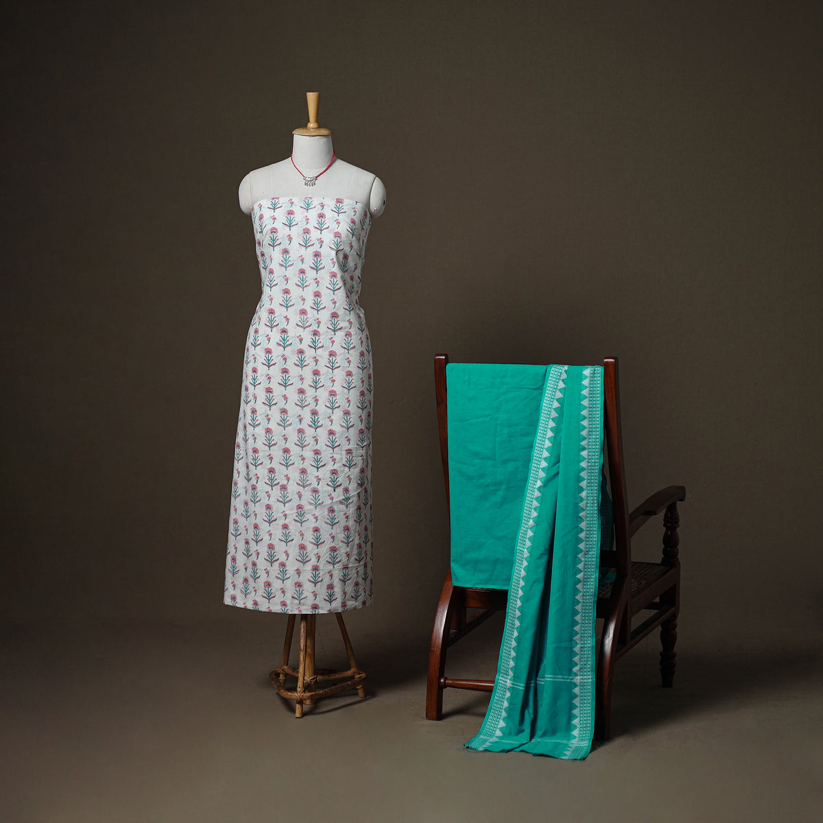 Sanganeri Block Print Cotton Unstitched Dress Material: Kurta, Bottom & Dupatta with Jewellery 61