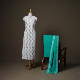 Sanganeri Block Print Cotton Unstitched Dress Material: Kurta, Bottom & Dupatta with Jewellery 61