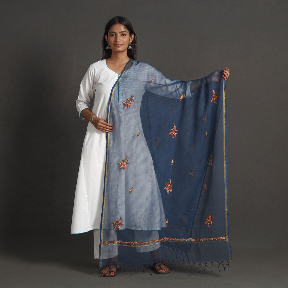 Blue - Kota Doria Silk Cotton Kashida Embroidery Dupatta 47