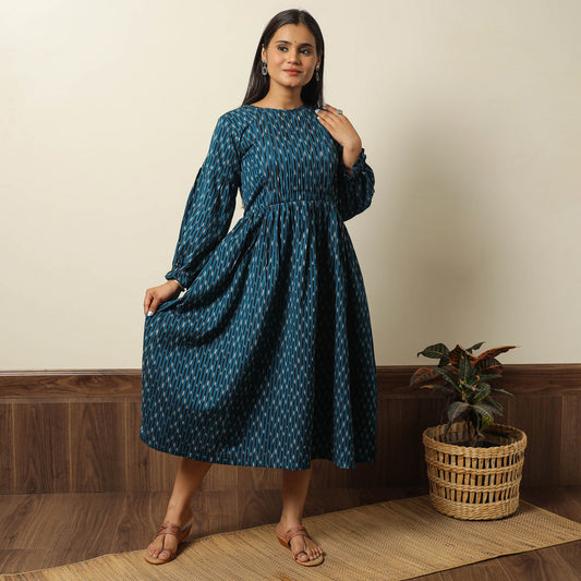 Blue - Pochampally Ikat Weave Cotton Pintuck Flared Dress 02