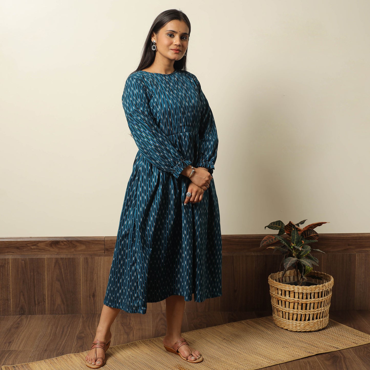 Blue - Pochampally Ikat Weave Cotton Pintuck Flared Dress 02