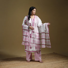 Pink - Sanganeri Hand Block Print Cotton Suit Set with Dupatta for women 06