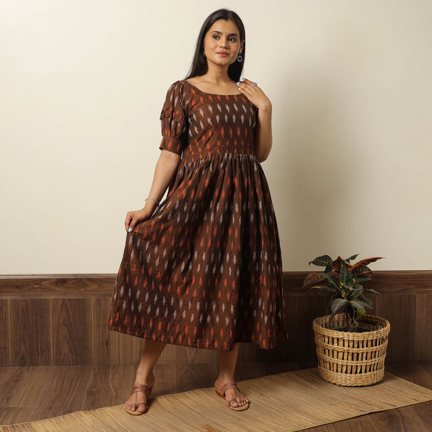 Brown - Pochampally Ikat Weave Cotton Flared Dress 14