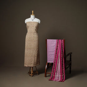 Sanganeri Block Print Cotton Unstitched Dress Material: Kurta, Bottom & Dupatta with Jewellery 42