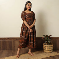 Brown - Pochampally Ikat Weave Cotton Flared Dress 14