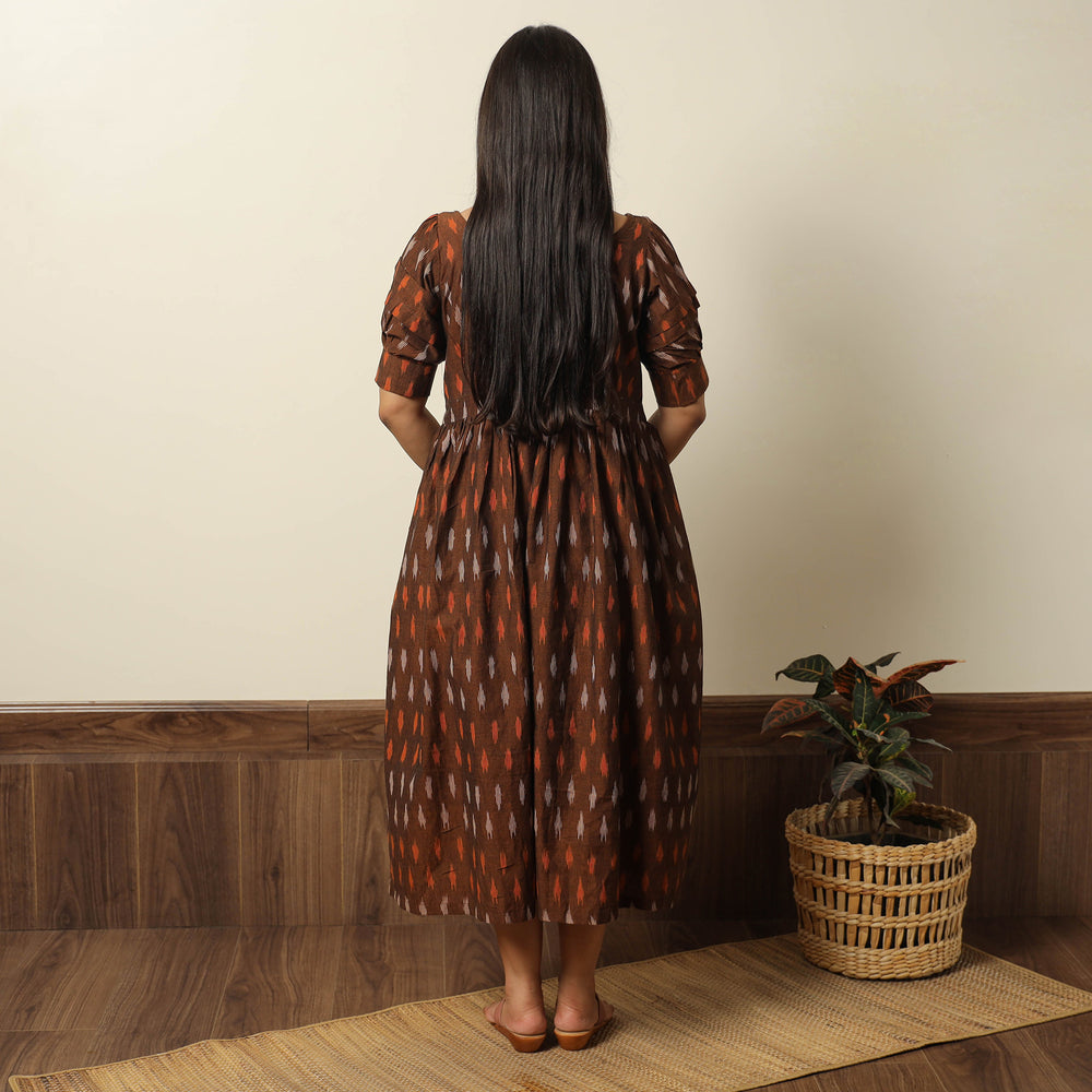 Brown - Pochampally Ikat Weave Cotton Flared Dress 14