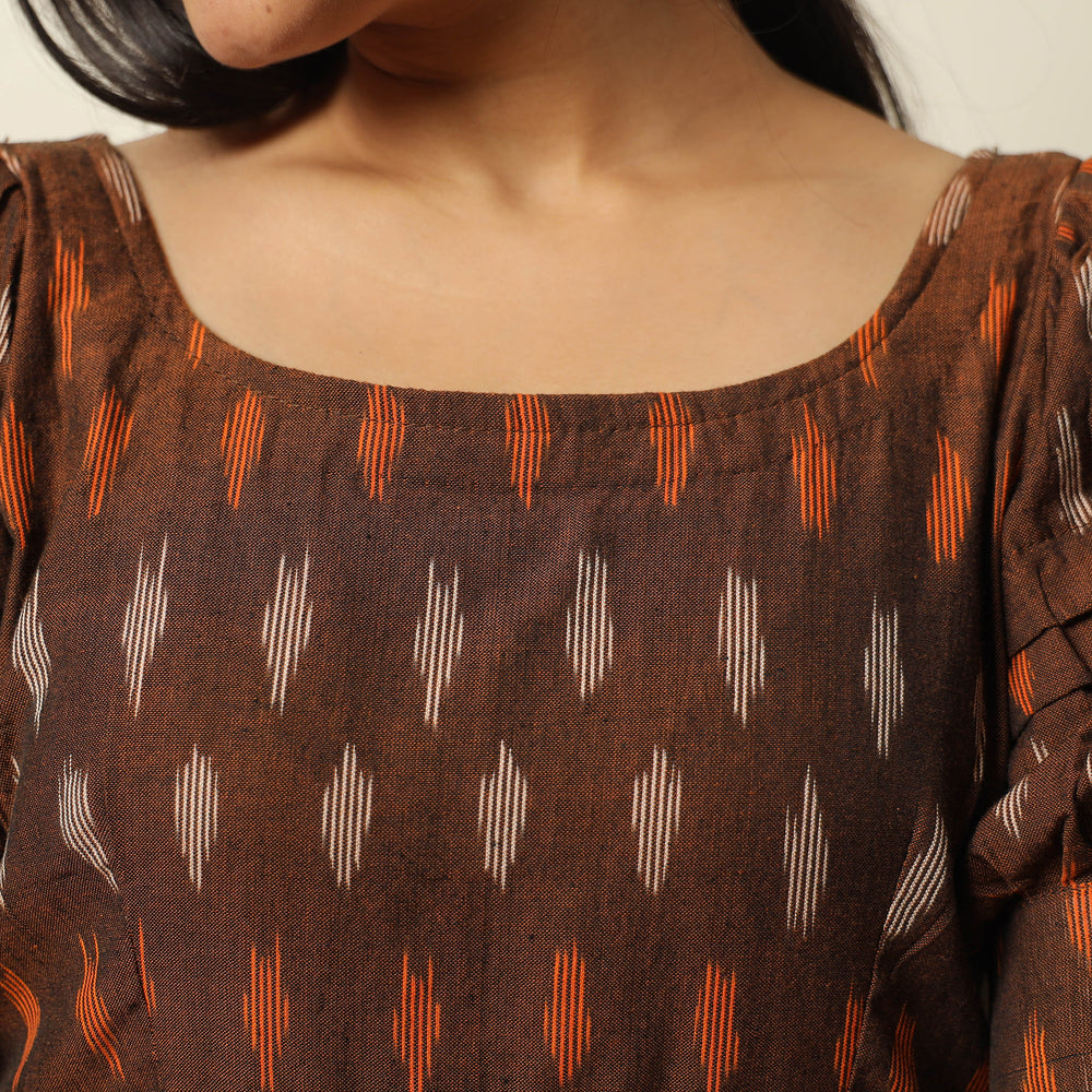 Brown - Pochampally Ikat Weave Cotton Flared Dress 14