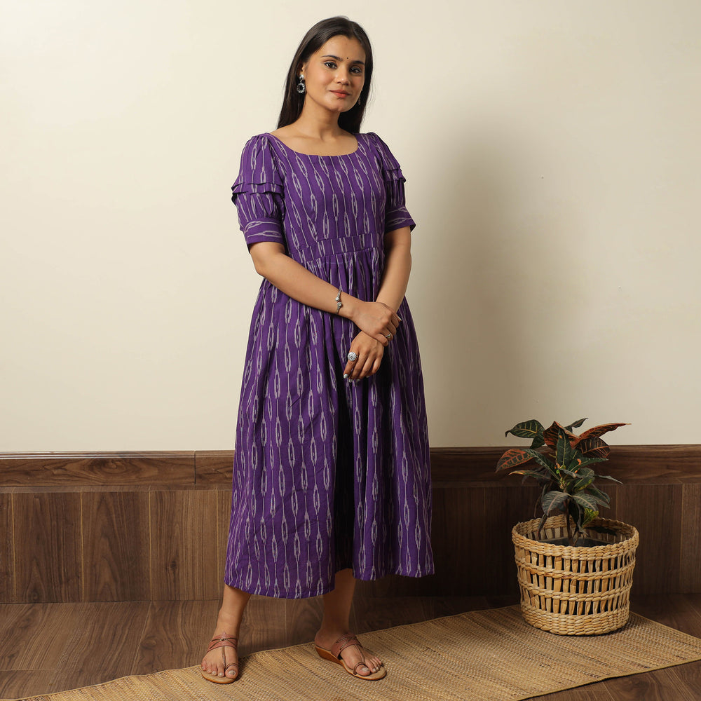 Purple - Pochampally Ikat Weave Cotton Flared Dress 13