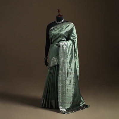 Green - Pure Handwoven Mangalagiri Silk Cotton Pattu Saree with Zari Border 01