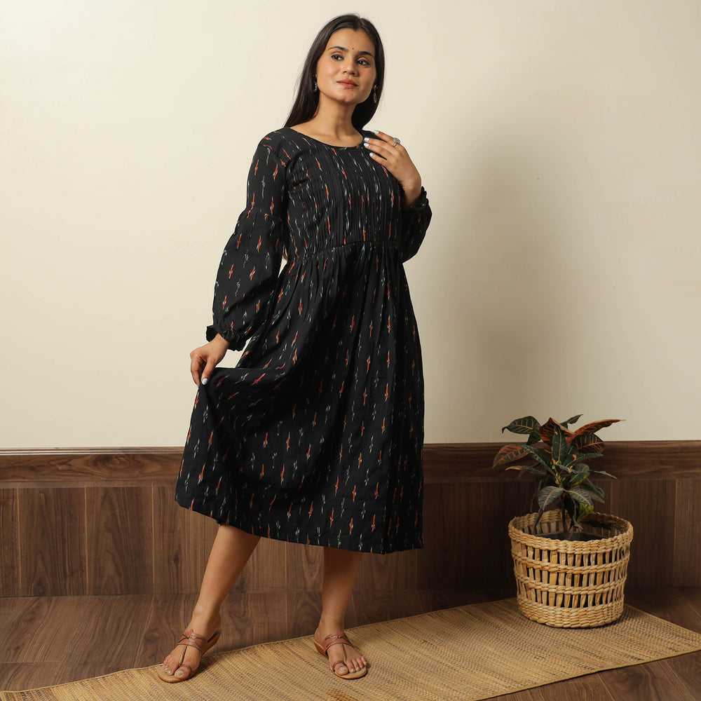 Black - Pochampally Ikat Weave Cotton Pintuck Flared Dress 03