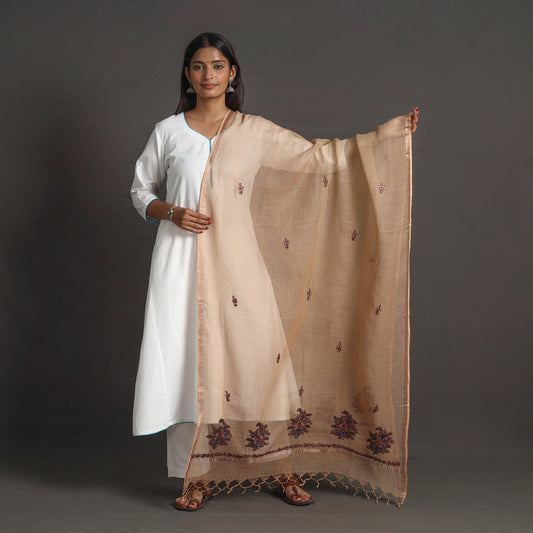 Brown - Kota Doria Silk Cotton Kashida Embroidery Dupatta 54