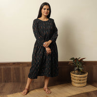 Black - Pochampally Ikat Weave Cotton Pintuck Flared Dress 03