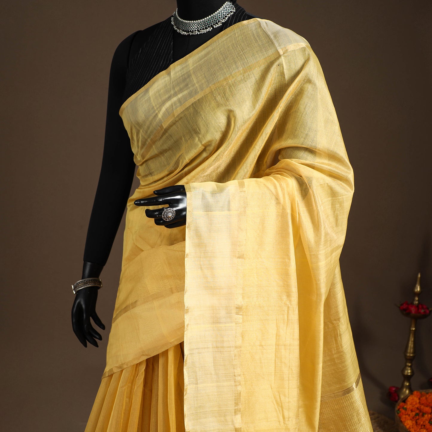 Yellow - handloom tissue zari chanderi silk saree 07