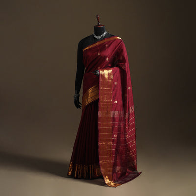Maroon - Pure Handwoven Mangalagiri Silk Cotton Pattu Saree with Zari Border 03